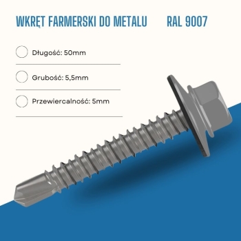 Wkręt farmerski do metalu 5,5X50 mm przewiercalność 5 mm w kolorze RAL 9007